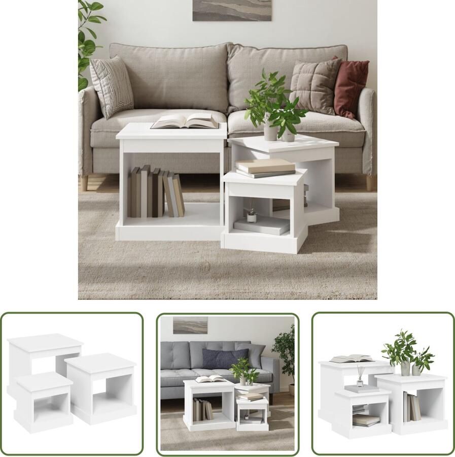 The Living Store Tafeltjesset Wit Hout Grote medium en kleine tafel 48 x 45 x 45 cm 40 x 37 x 37 cm 32 x 29 x 29 cm Salontafelset Houten Salontafel Bijzet Tafels Tv Tafel Living Room Furniture - Foto 2