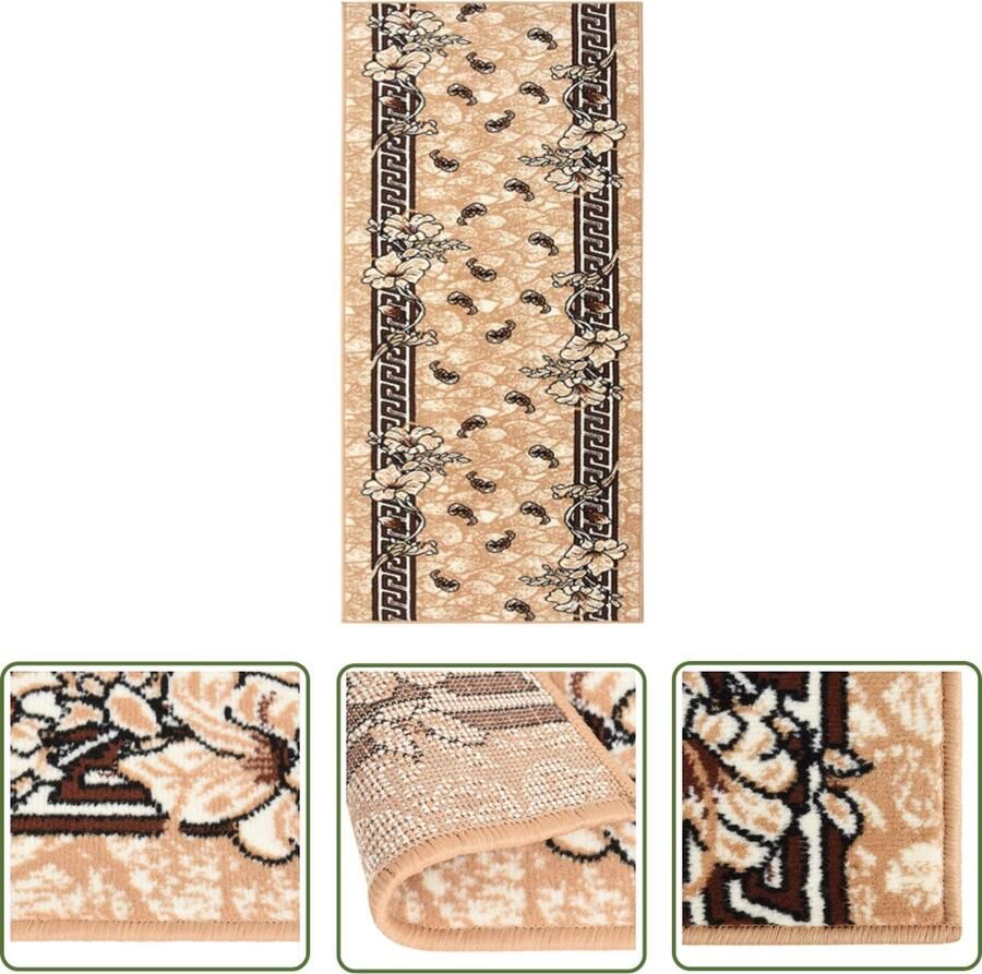 The Living Store Tapijtloper Beige en Zwart 100 x 200 cm Bloemenpatroon