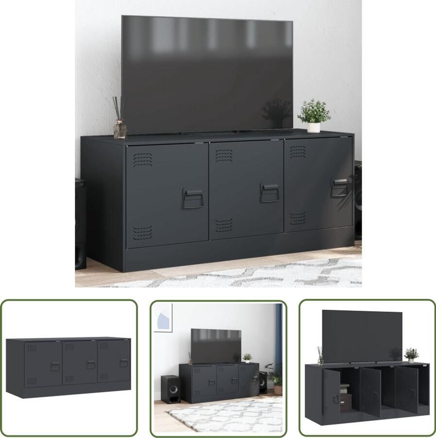 The Living Store Tv-meubel 99x39x44 cm staal antracietkleurig Televisiekast Tv-kast Antraciet Kleur Stalen Tv-meubel Koudgewalst Staal - Foto 2