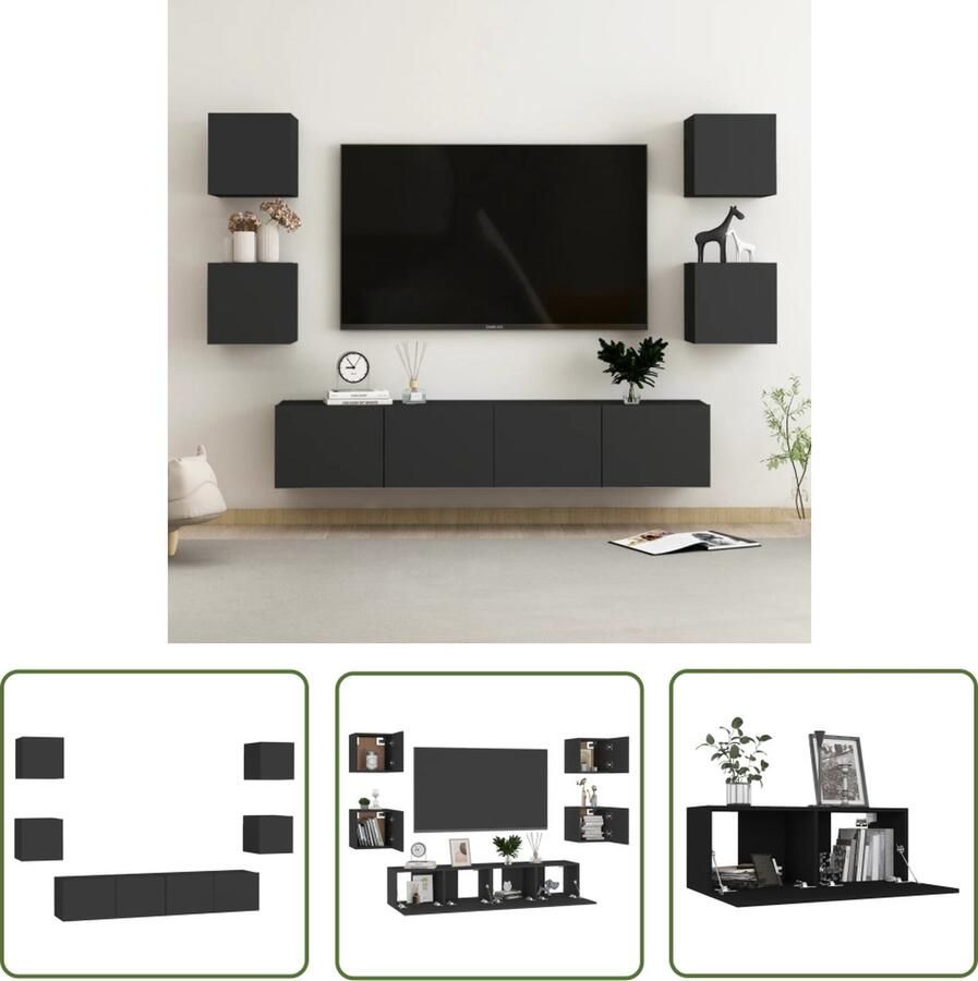 The Living Store TV-meubel Stevig ontwerp Wandmontage Meerdere vakken Eenvoudig te onderhouden Zwart Spaanplaat Afmetingen (L)- 80 x 30 x 30 cm Afmetingen (S)- 30.5 x 30 x 30 cm 2x tv-meubel (L) 4x tv-meubel (S) - Foto 2