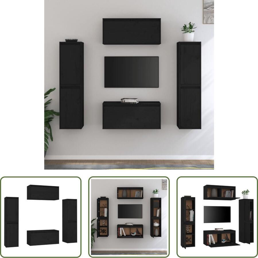 The Living Store Televisiekast zwart massief grenenhout 4x30x30x60 cm 2x80x30x35 cm - Foto 2