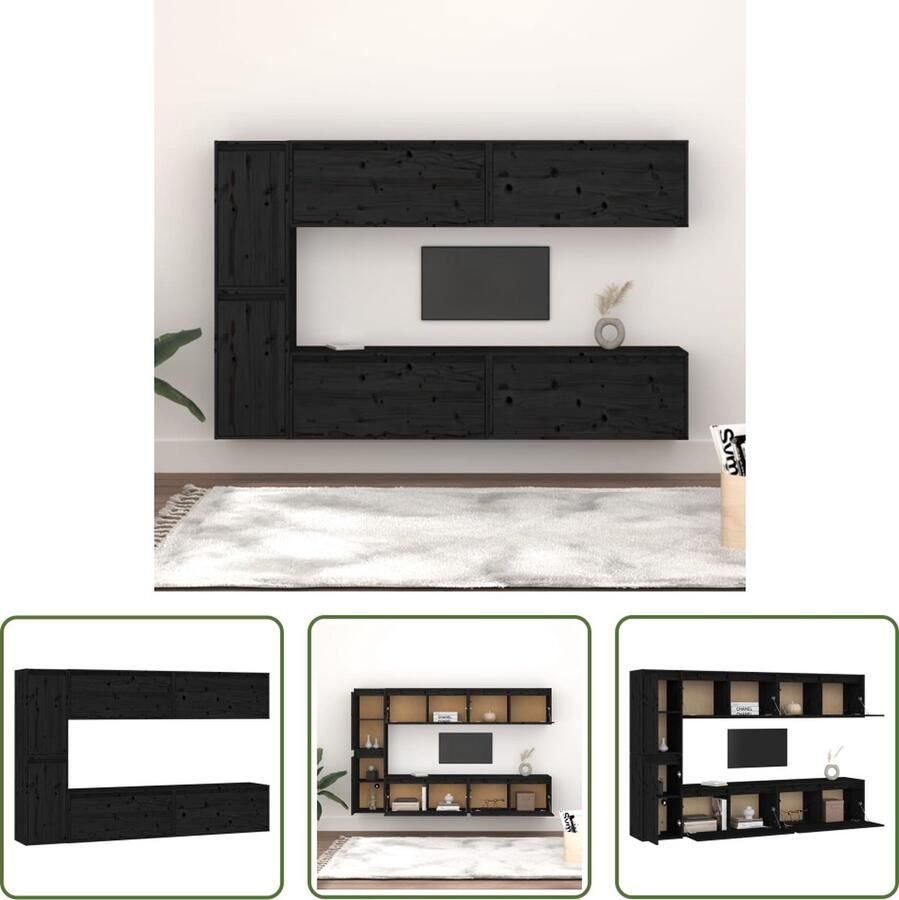 The Living Store Televisiekasten Zwart Massief Grenenhout Set van 4x 80x30x35cm + 2x 30x30x60cm - Foto 2