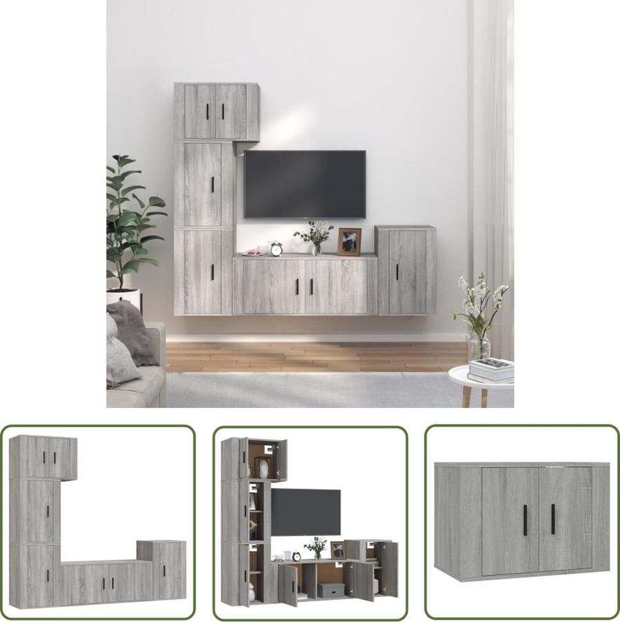 The Living Store Televisiekastenset Graceful Grey Sonoma Eiken Wandgemonteerd 5-delige set Televisiesectie Tv Kast Salontafel Houten Meubel Grijze Meubels - Foto 2