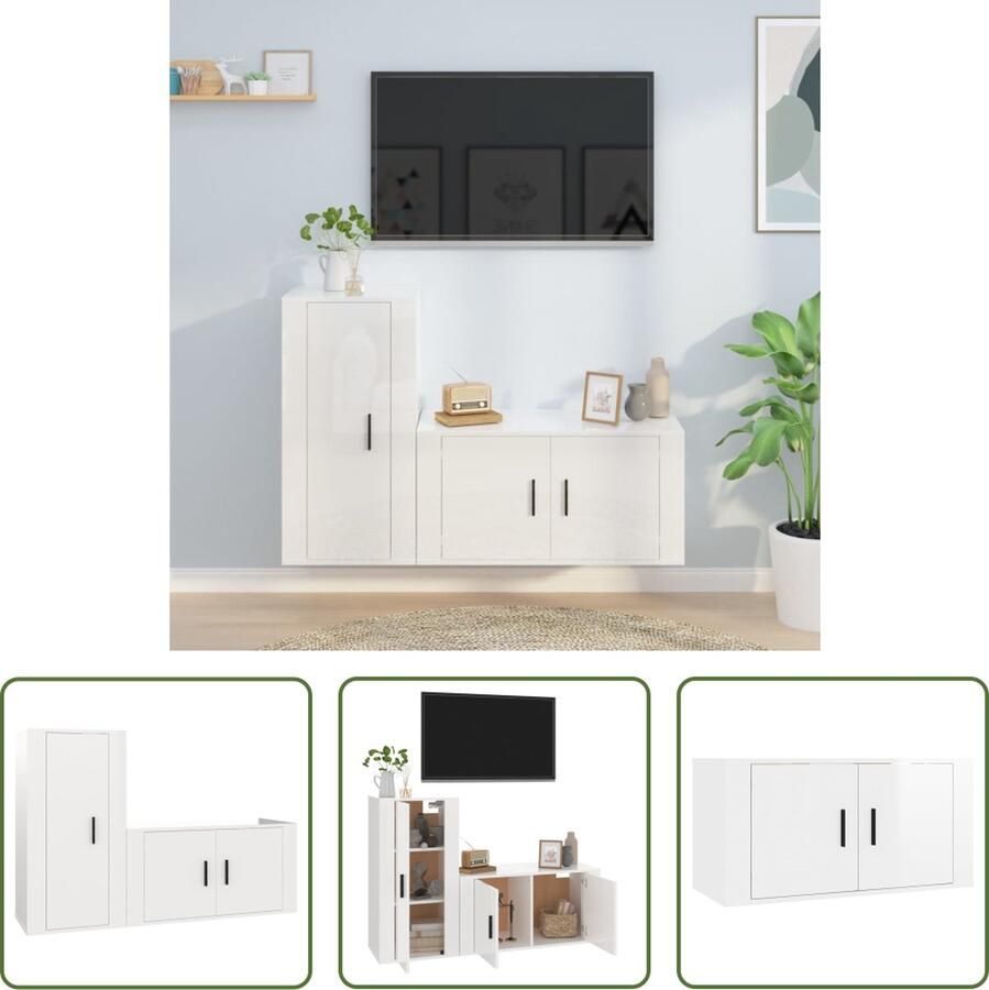 The Living Store Televisiekastenset Hoogglans wit 80 x 34.5 x 40 cm 40 x 34.5 x 80 cm Wandgemonteerde tv-meubel - Foto 2