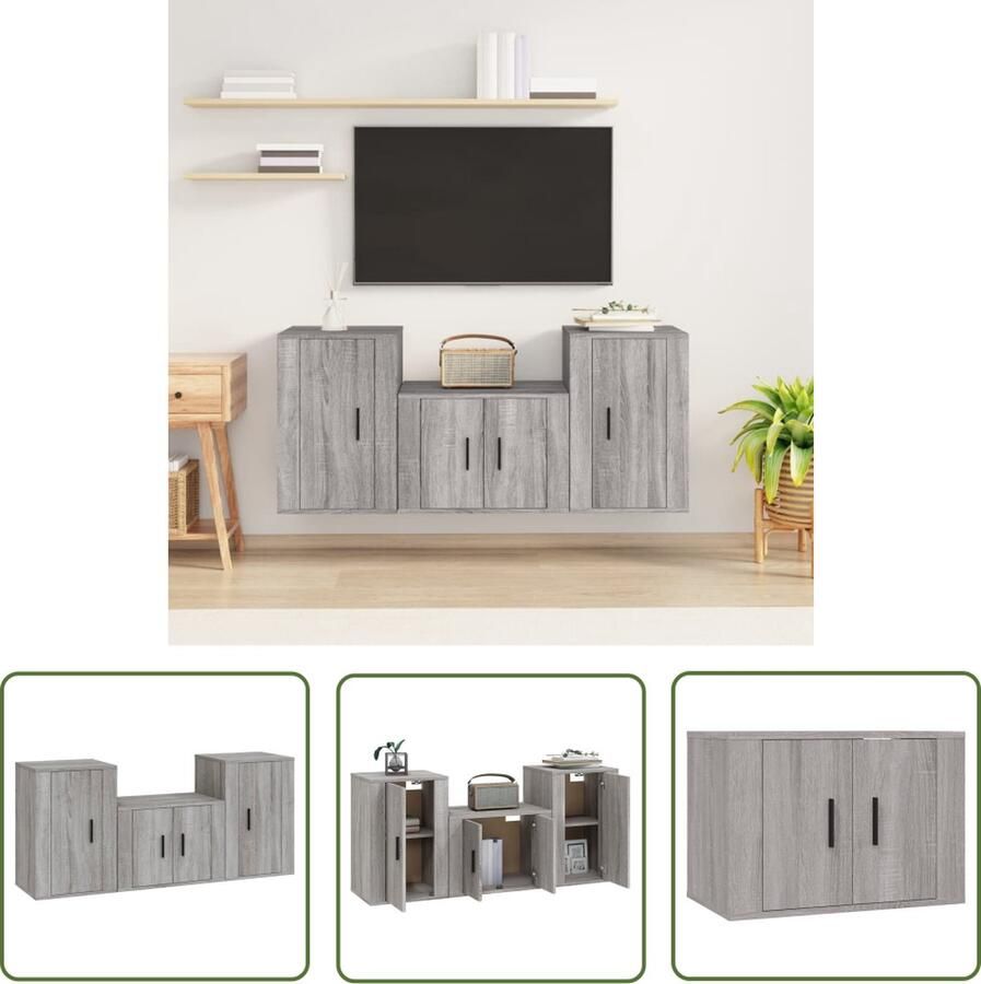 The Living Store Televisiekastenset Klassiek 2x TV-meubel 40x34.5x60cm + 1x TV-meubel 57x34.5x40cm Grijs Sonoma Eiken - Foto 2
