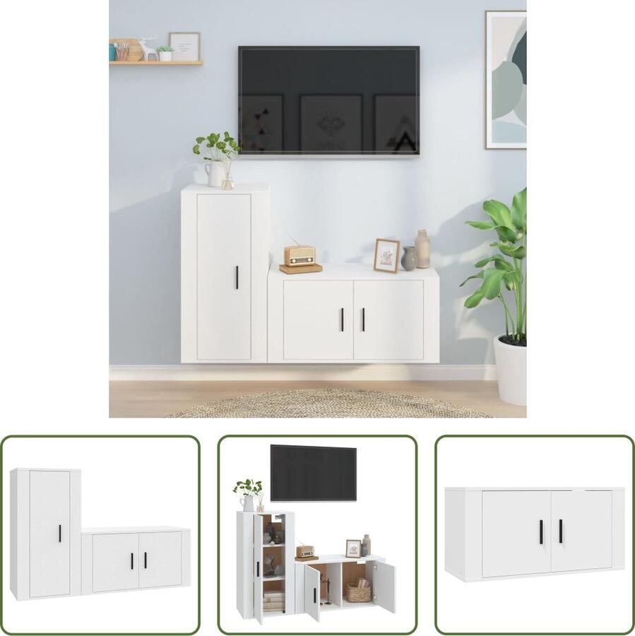 The Living Store Televisiekastenset Klassiek design Voldoende opbergruimte Wandgemonteerde functie 80x34.5x40cm 40x34.5x80cm Wit Bewerkt hout - Foto 2