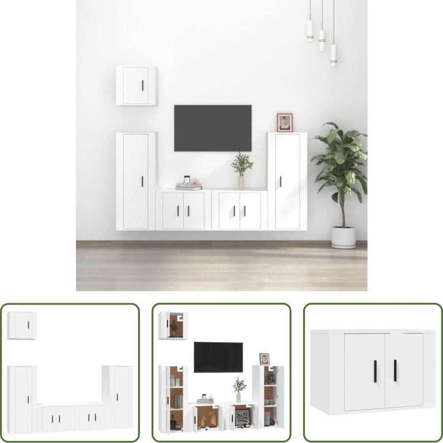 The Living Store Televisiekastenset Klassiek Design Wandgemonteerd Wit Bewerkt Hout Voldoende opbergruimte - Foto 2