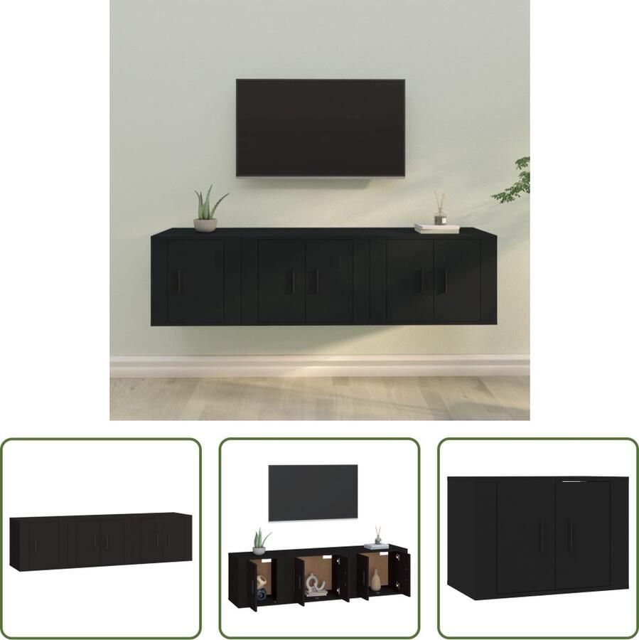 The Living Store Televisiekastenset Klassiek ontwerp Wandgemonteerd Bewerkt hout Zwart 3 delig Afmetingen- 57 x 34.5 x 40 cm 40 x 34.5 x 40 cm - Foto 2