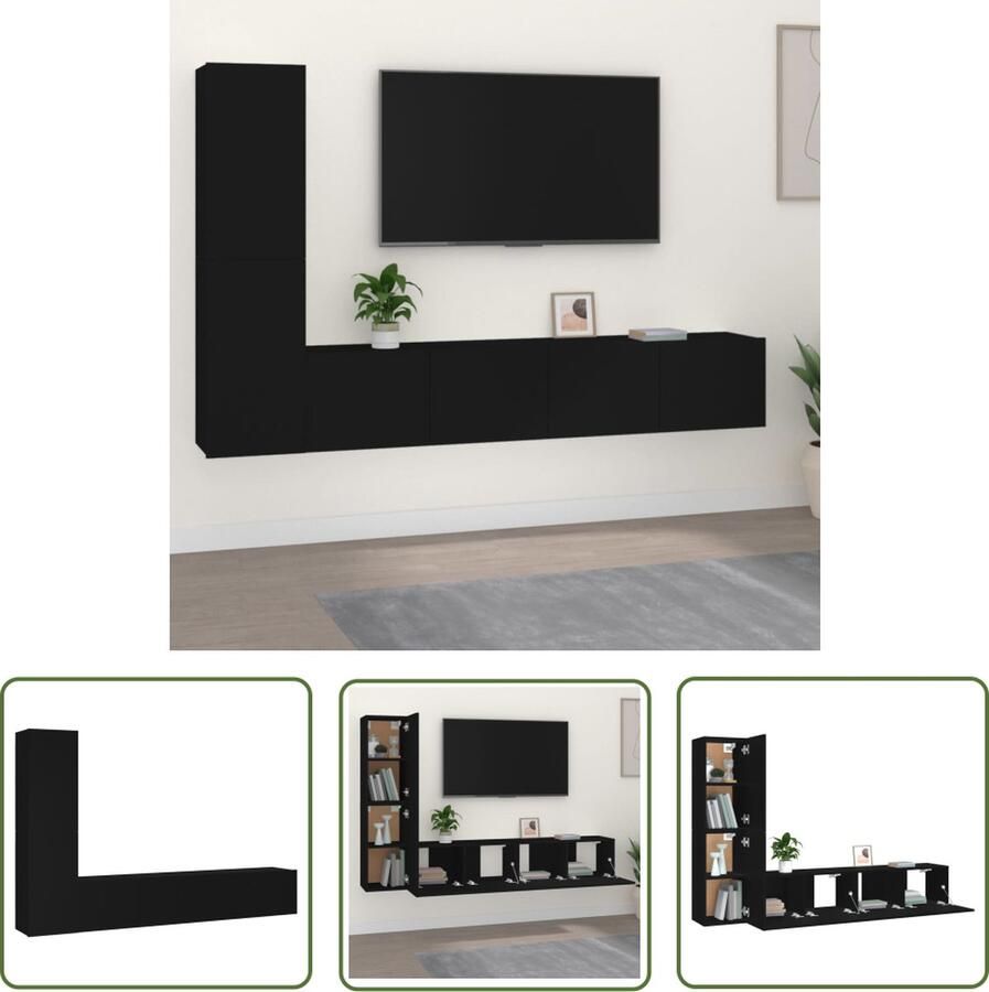 The Living Store TV-meubelset Zwarte bewerkte houten televisiemeubels 80 x 30 x 30 cm en 30.5 x 30 x 60 cm Opbergruimte - Foto 2