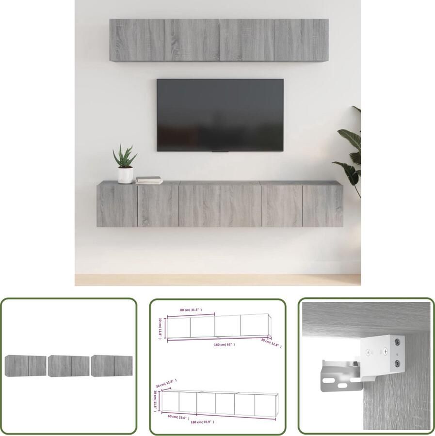 The Living Store Televisiekastenset Modern Design Voldoende Opbergruimte Wandgemonteerd Stevig Materiaal Grijs Sonoma Eiken 3x 60x30x30cm + 2x 80x30x30cm - Foto 2