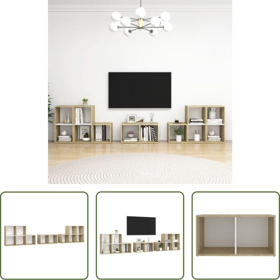 The Living Store Televisiekastenset TV-meubel 37x35x37 cm en 72x35x36.5 cm Wit Sonoma eiken Spaanplaat Montage vereist 8-delig - Foto 2