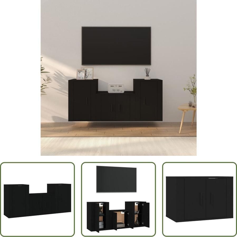 The Living Store Klassieke televisiekastenset TV-meubelset Hout Zwart 3-delig Opbergruimte - Foto 2