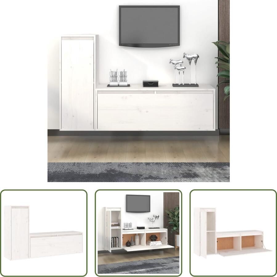 The Living Store Klassieke televisiekast wit massief grenenhout 100x30x35cm 30x30x80cm - Foto 2