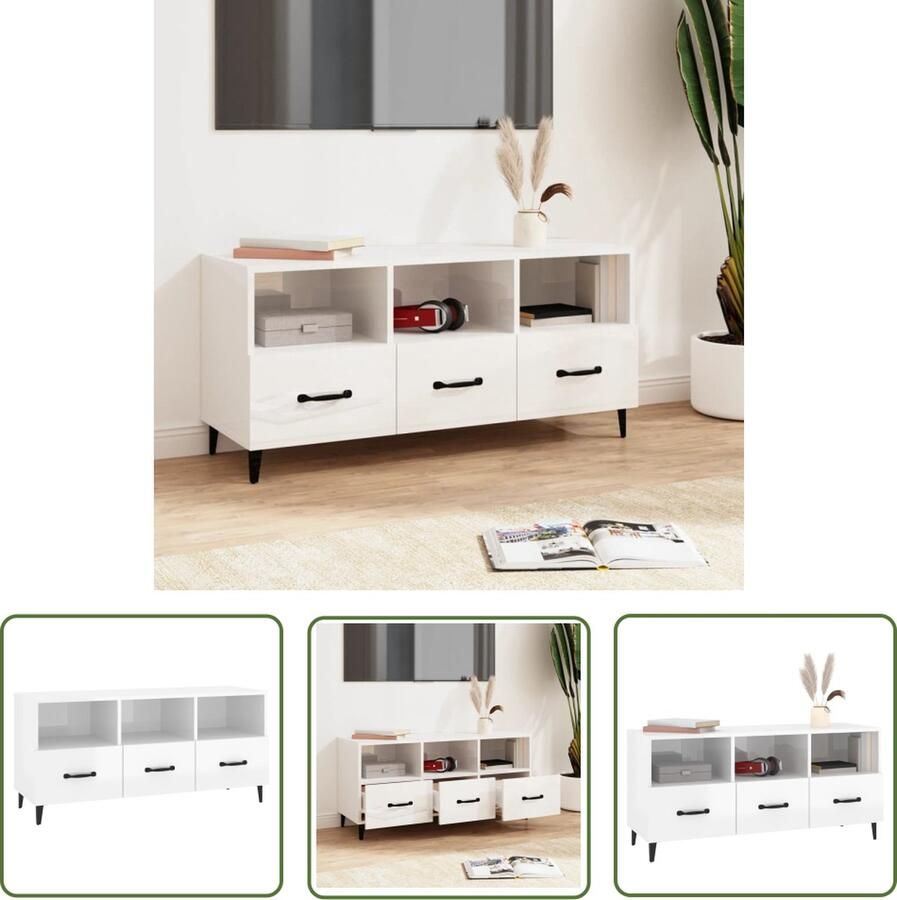 The Living Store televisiemeubel modern opbergruimte 102 x 35 x 50 cm hoogglans wit - Foto 2