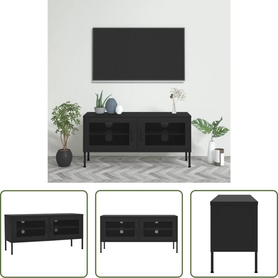 The Living Store Televisiemeubel Staal 105 x 35 x 50 cm 2 Gaasdeuren 1 Schap Zwart - Foto 2