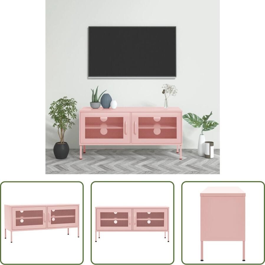 The Living Store Televisiemeubel Praktische vormgeving Stalen constructie 2 gaasdeuren 105 x 35 x 50 cm Roze - Foto 2