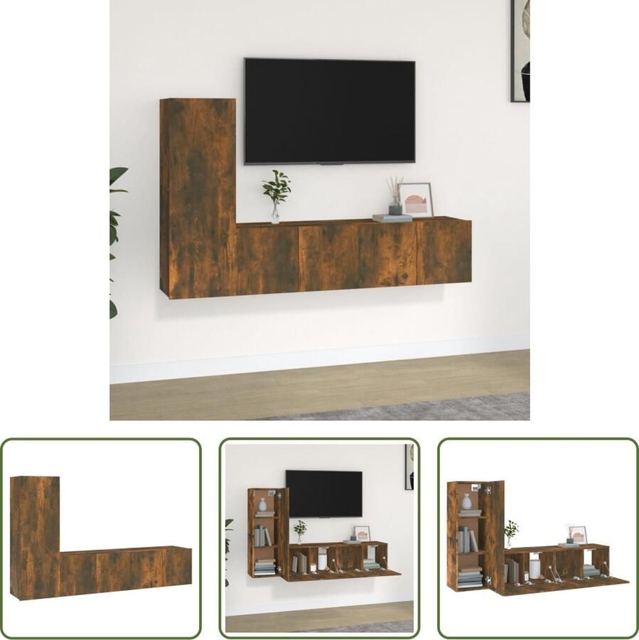 The Living Store Televisiemeubel Set Gerookt Eiken 2x 60x30x30cm + 1x 30.5x30x90cm - Foto 2