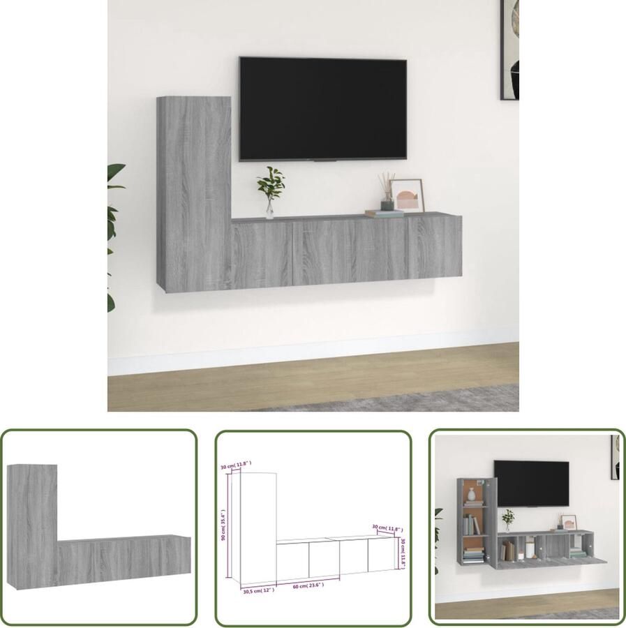 The Living Store Klassieke Televisiekastenset TV-meubelset 60x30x30 cm Praktische opbergruimte Wandgemonteerd Met deuren Grijs - Foto 2