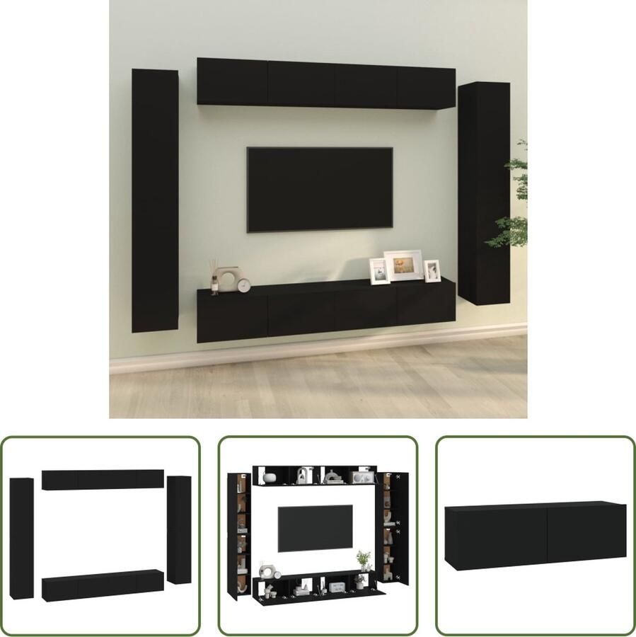 The Living Store vidaXL Tv Kast Televisiesecretaris 8-delige Tv-meubelset bewerkt hout zwart Wandmontage Houten Meubilair Zwart Meubilair - Foto 2