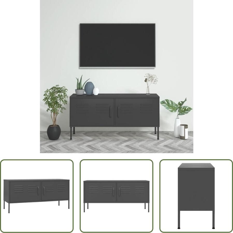 The Living Store TV-meubel Antraciet staal 105 x 35 x 50 cm Verstelbare hoogte 2 deuren 1 schap Max 100 kg - Foto 2