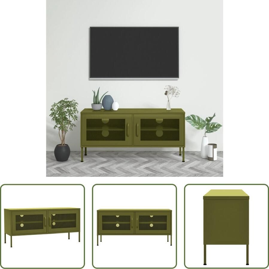 The Living Store Televisiemeubel TV-standaard met gaasdeuren Olijfgroen Staal 105 x 35 x 50 cm 100 kg - Foto 2