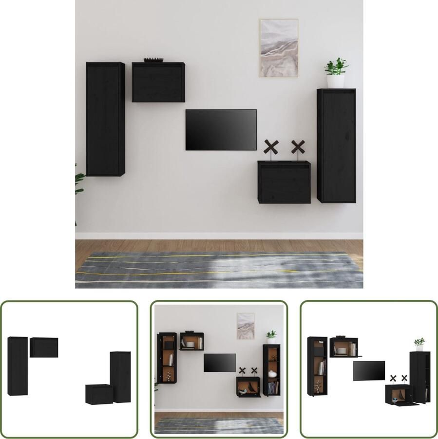 The Living Store Klassieke Televisiekasten Hangkasten Massief grenenhout Robuust Zwart Set van 4 - Foto 2