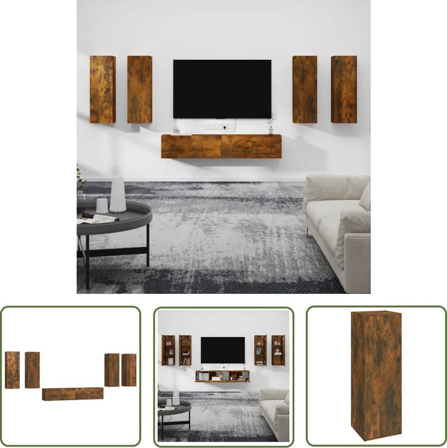 The Living Store tv-meubel Klassiek Wandgemonteerd Gerookt eiken 2x 80x30x30cm 4x 30.5x30x90cm - Foto 3