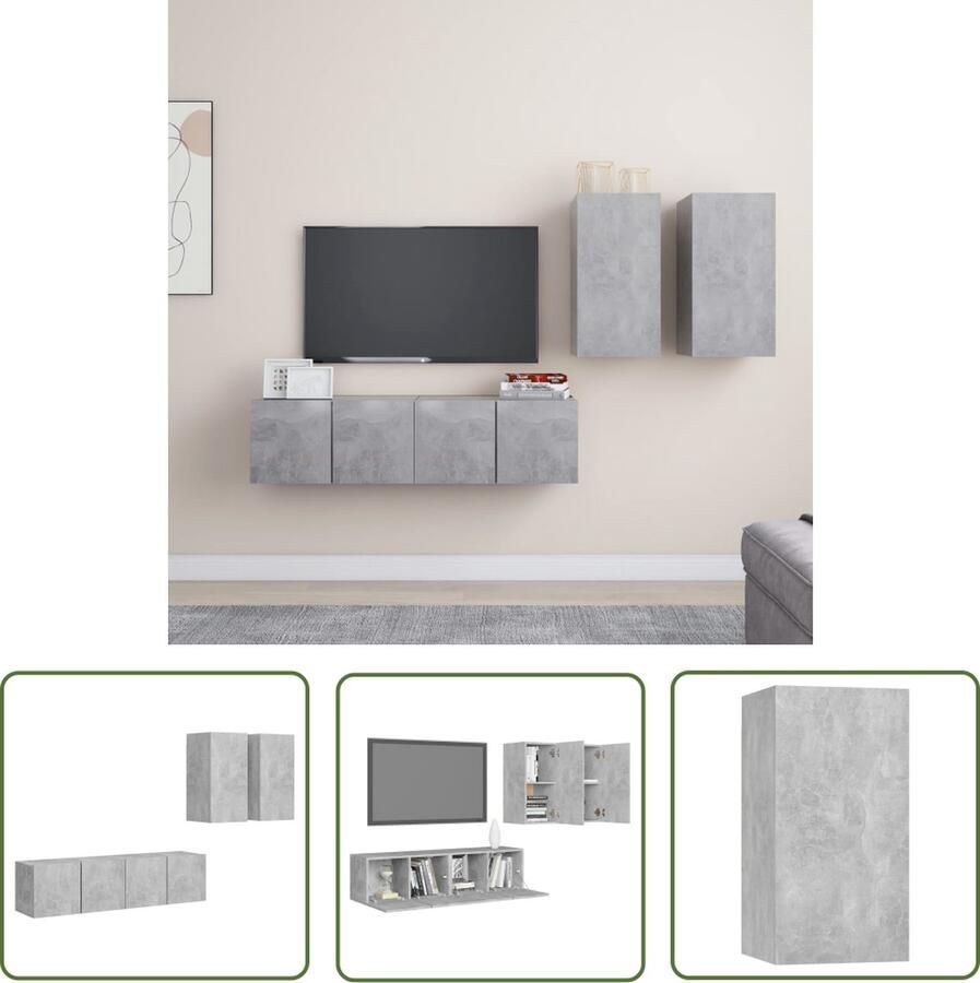 The Living Store Televisiemeubelset Betongrijs Wandbevestiging 4 Meubels Verschillende maten - Foto 2