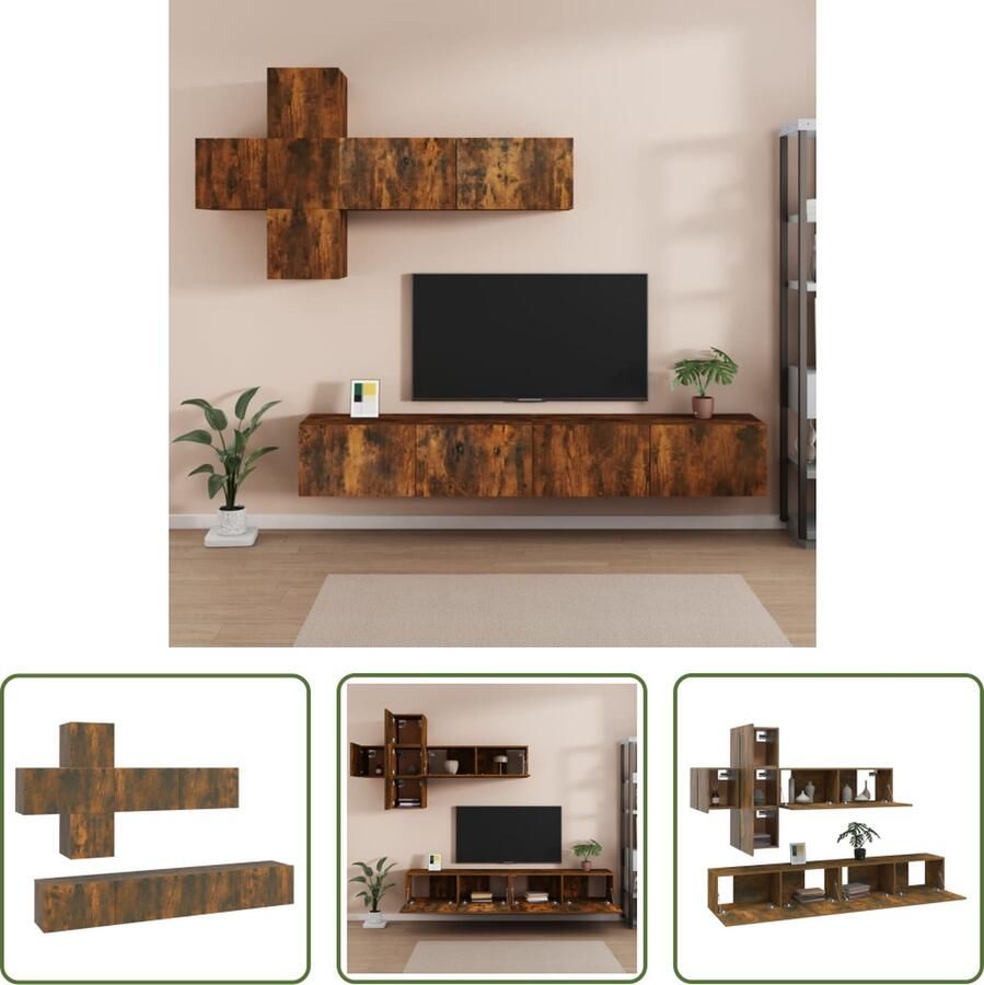 The Living Store Televisiemeubelset Gerookt eiken 4x 30.5x30x30 cm + 3x 100x30x30 cm Tv Kast Televisiesectie Wandmontage Houten Tv Stand Bruine Tv Kast - Foto 2