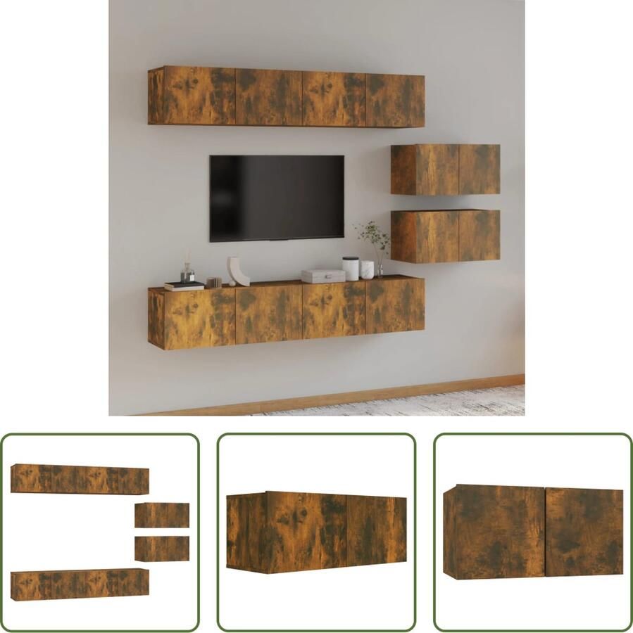 The Living Store Televisiemeubelset Gerookt eiken Inclusief 4x 80x30x30cm en 2x 60x30x30cm meubel Wandgemonteerd - Foto 2