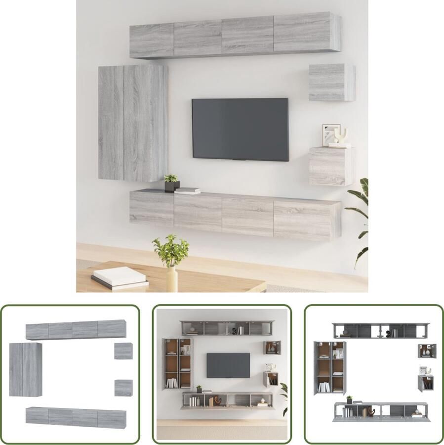 The Living Store Televisiemeubelset grijs sonoma eiken 100x30x30 cm 30.5x30x110 cm 30.5x30x30 cm Tv Kast Salontafel Wandmontage Grijze Tv Kast Houten Tv Kast