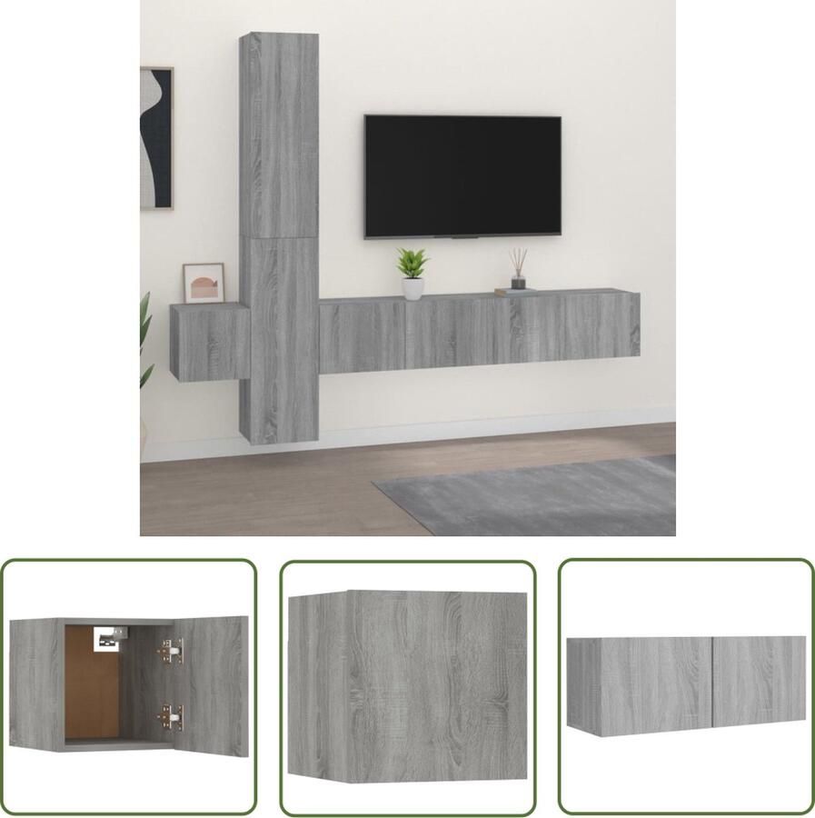 The Living Store Televisiemeubelset Grijs Sonoma Eiken 2x 80x30x30 cm 2x 30.5x30x90 cm 1x 30.5x30x30 cm Televisiesecretaris Salontafel Wandmontage Houten Kast Grijze Kast - Foto 2