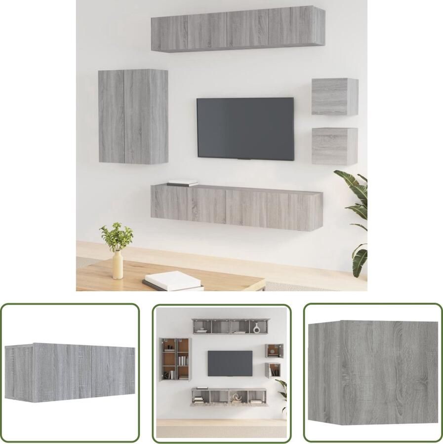 The Living Store Televisiemeubelset Grijs Sonoma Eiken 4x80x30x30cm 2x30.5x30x90cm 2x30.5x30x30cm Televisiesecretaris Salontafel Houten Kast Wandmontage Grijze Eik
