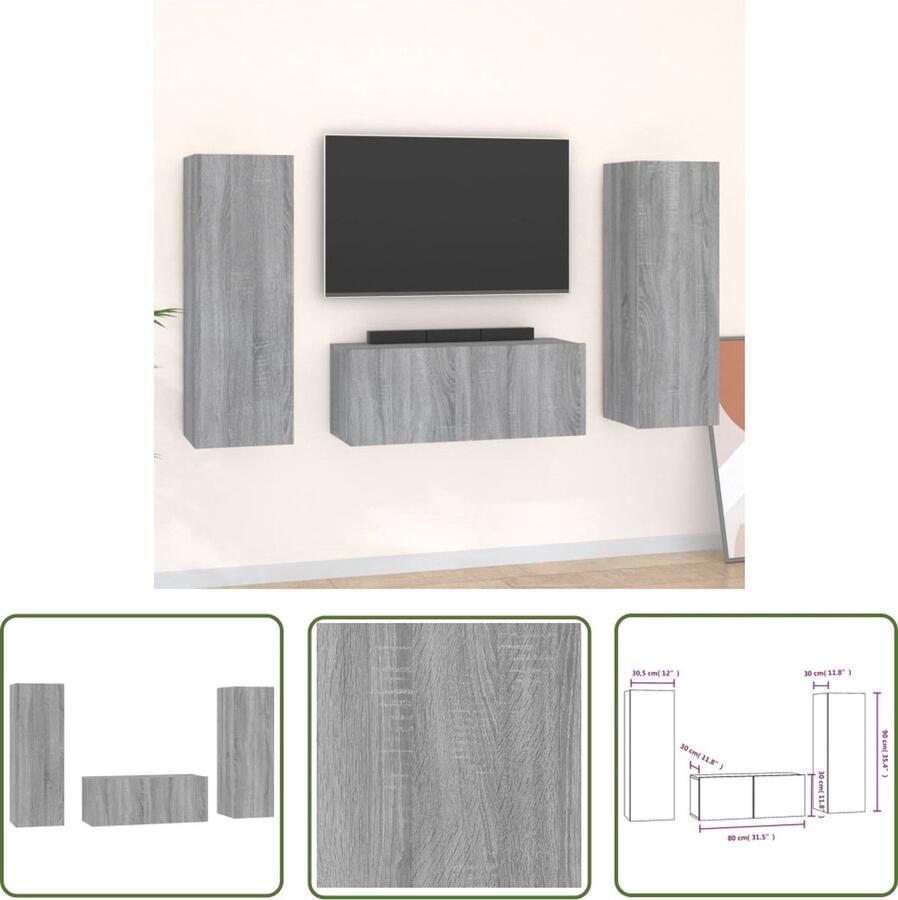 The Living Store Televisiemeubelset Grijs Sonoma Eiken 80 x 30 x 30 cm + 2 x 30.5 x 30 x 90 cm Televisiesectie Tv Kast Salontafel Houten Meubilair Grijze Meubels - Foto 2