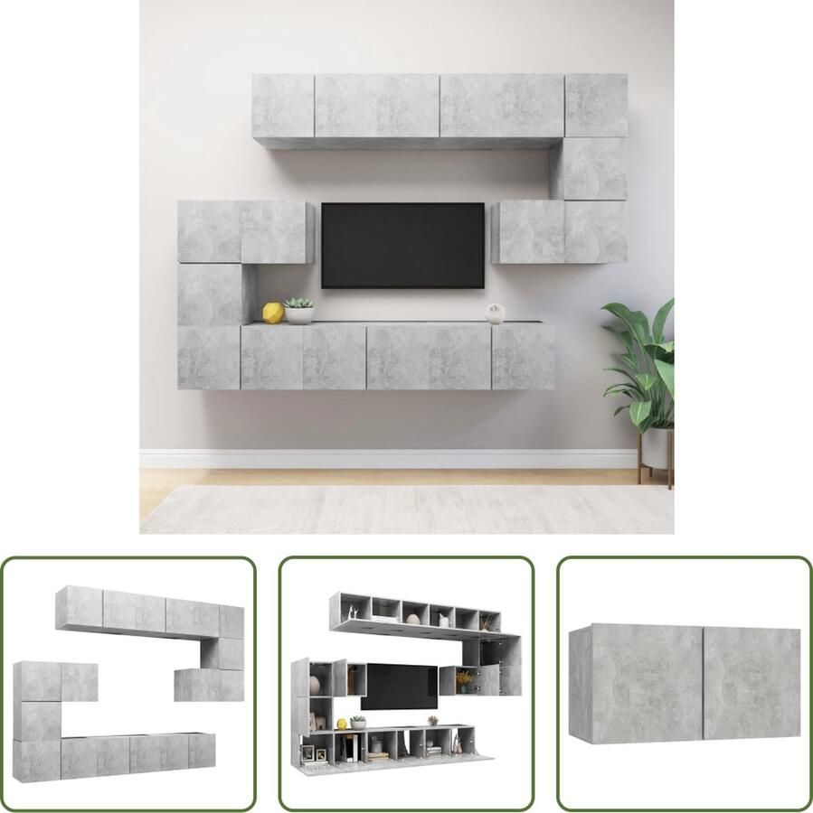 The Living Store TV Meubelset Hangend Betongrijs Spaanplaat Met Opbergruimte 8x 60x30x30cm + 2x 30.5x30x30cm - Foto 2