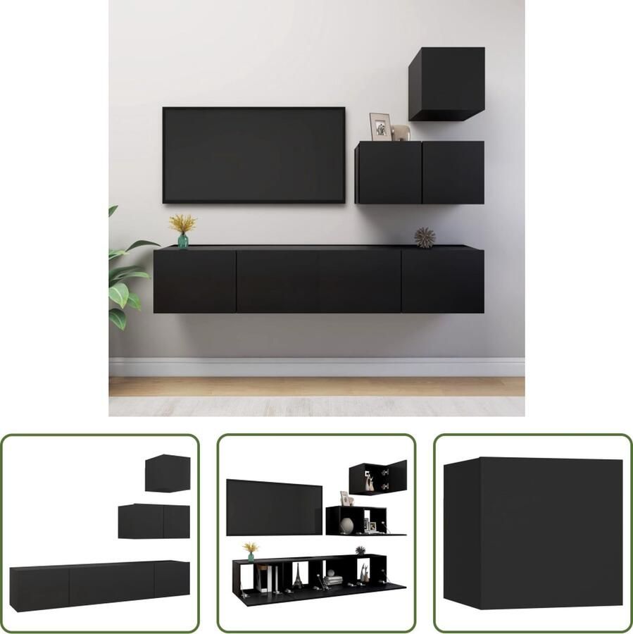 The Living Store Televisiemeubelset Wandmontage Modern design Veel opbergruimte Spaanplaat Zwart 30.5 x 30 x 30 cm 60 x 30 x 30 cm 80 x 30 x 30 cm - Foto 2