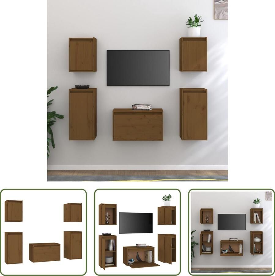 The Living Store Hangkastenset TV-meubelset Massief grenenhout Honingbruin Stevig en praktisch design - Foto 3