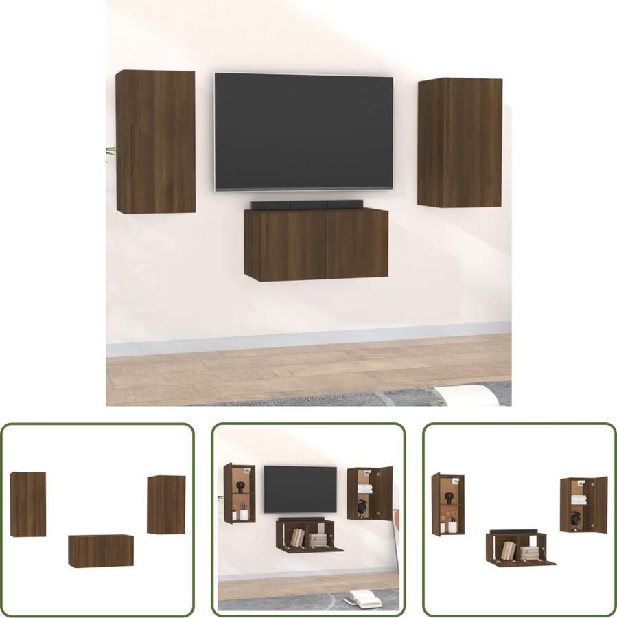 The Living Store Klassieke televisiekastenset TV-meubelset Wandgemonteerde functie Bruineiken Hoogwaardig materiaal - Foto 2