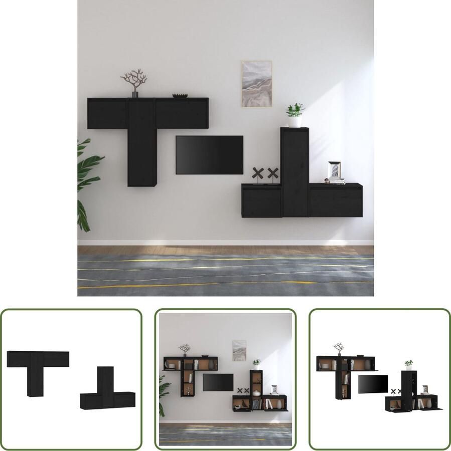 The Living Store Televisiemeubelset klassiek design massief grenenhout zwart 45x30x35cm 30x30x100cm 60x30x35cm