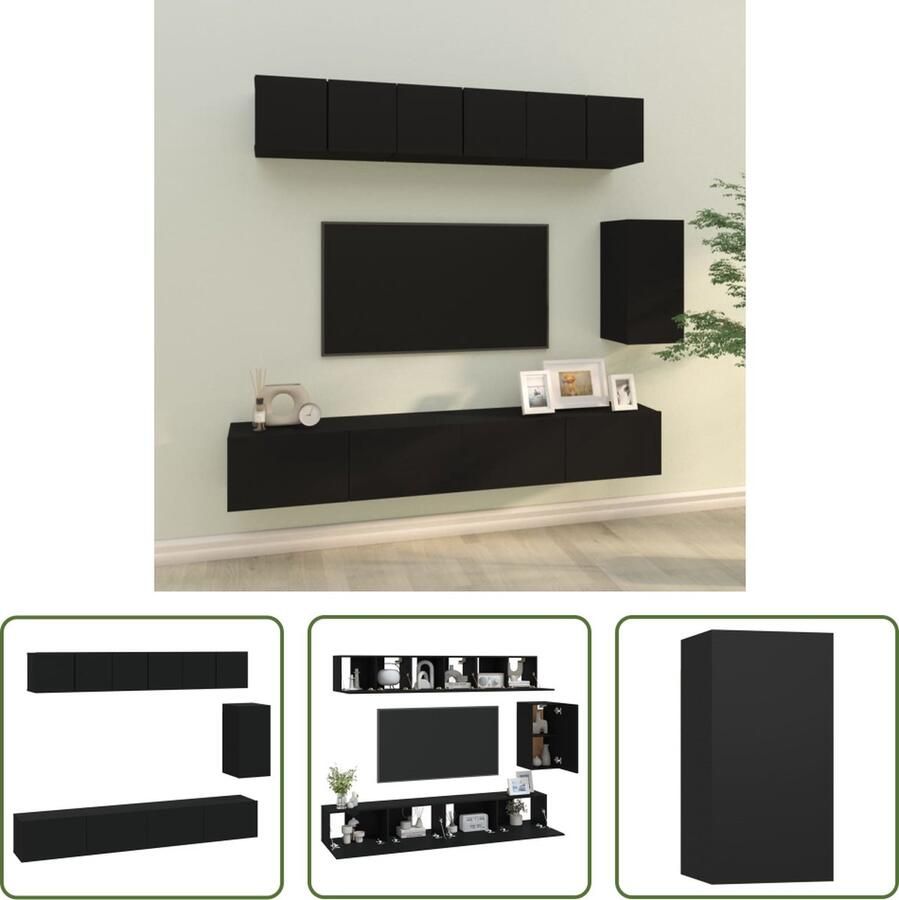 The Living Store Televisiemeubelset Klassiek Design Stevig Bewerkt Hout Voldoende Opbergruimte Wandgemonteerd Kleur- Zwart 3x 60x30x30 cm 1x 30.5x30x60 cm 2x 100x30x30 cm - Foto 2