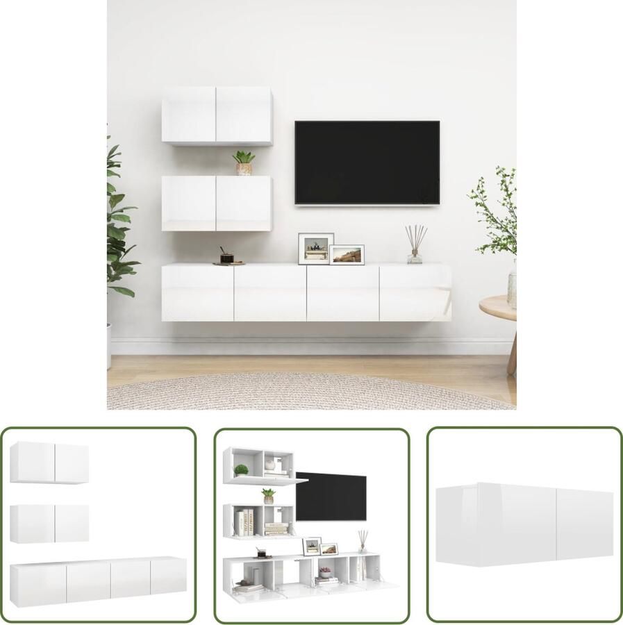 The Living Store Televisiemeubelset TV-kast Hoogglans wit 60 x 30 x 30 cm 80 x 30 x 30 cm Spaanplaat Tv Meubels Tv Kasten Witte Tv Kast Boekenplank Woonaccessoires - Foto 2