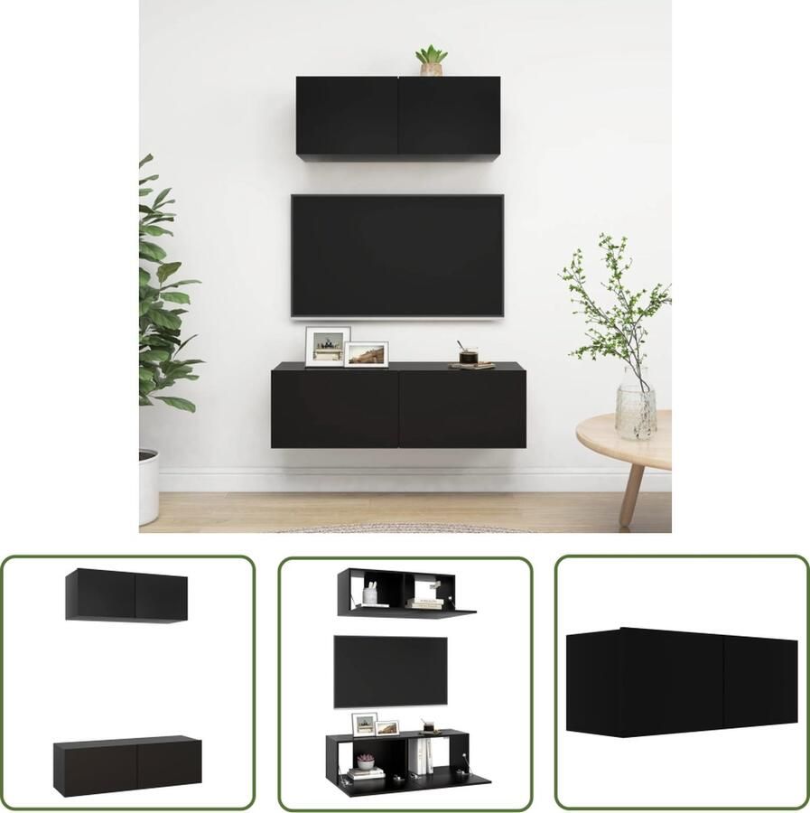 The Living Store Televisiemeubelset Zwart Spaanplaat Montage vereist 100x30x30 cm en 80x30x30 cm Praktisch en opvallend - Foto 2