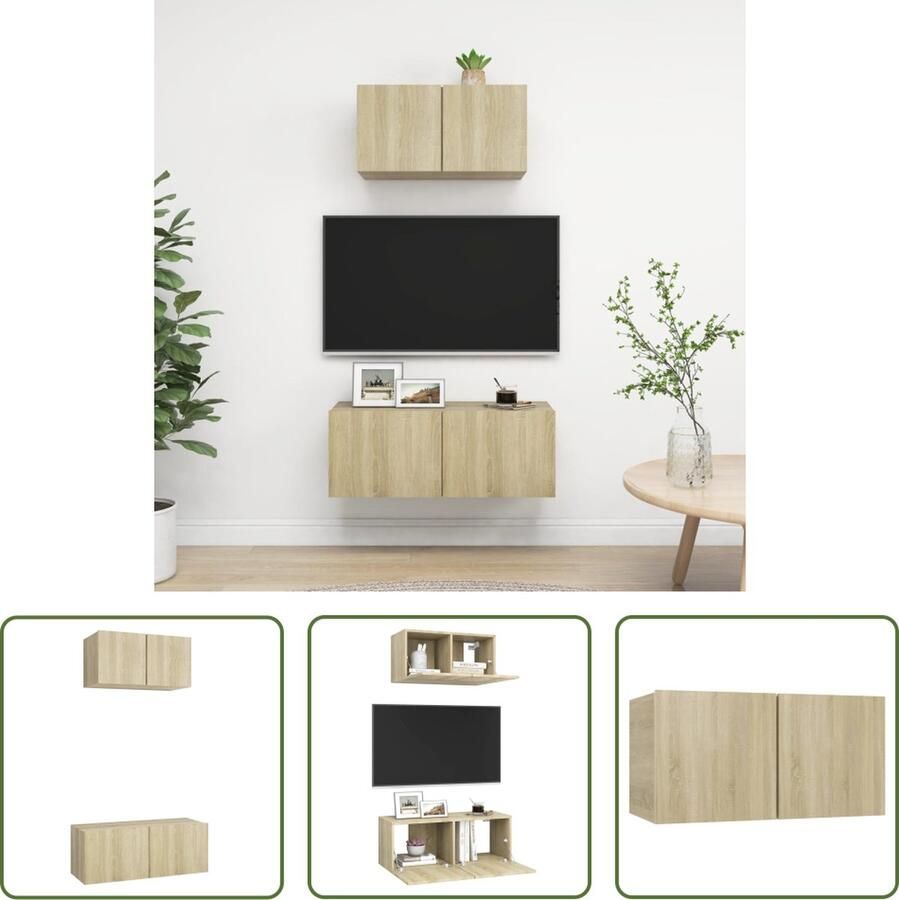 The Living Store TV-meubelset Modern 60 x 30 x 30 cm Sonoma eiken Wandbevestiging Opbergruimte Stereokasten Montage vereist Levering bevat 2x TV-meubel - Foto 2