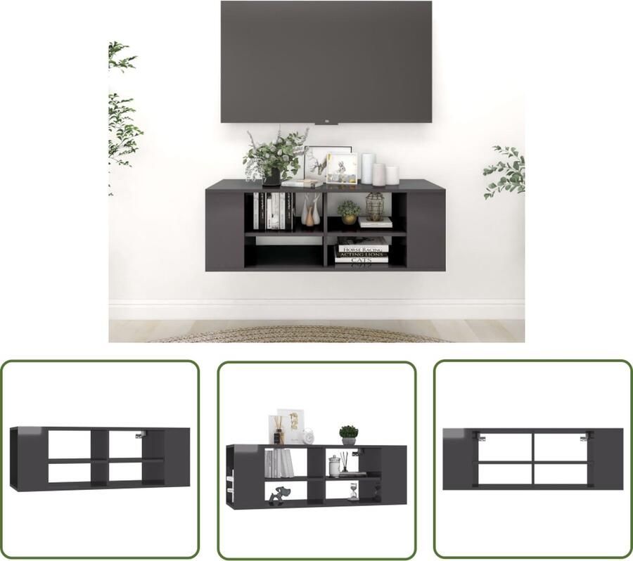The Living Store Televisiewandmeubel Hangend Verstelbare schappen 2-laagse kast Hoogglans grijs 102x35x35cm - Foto 2