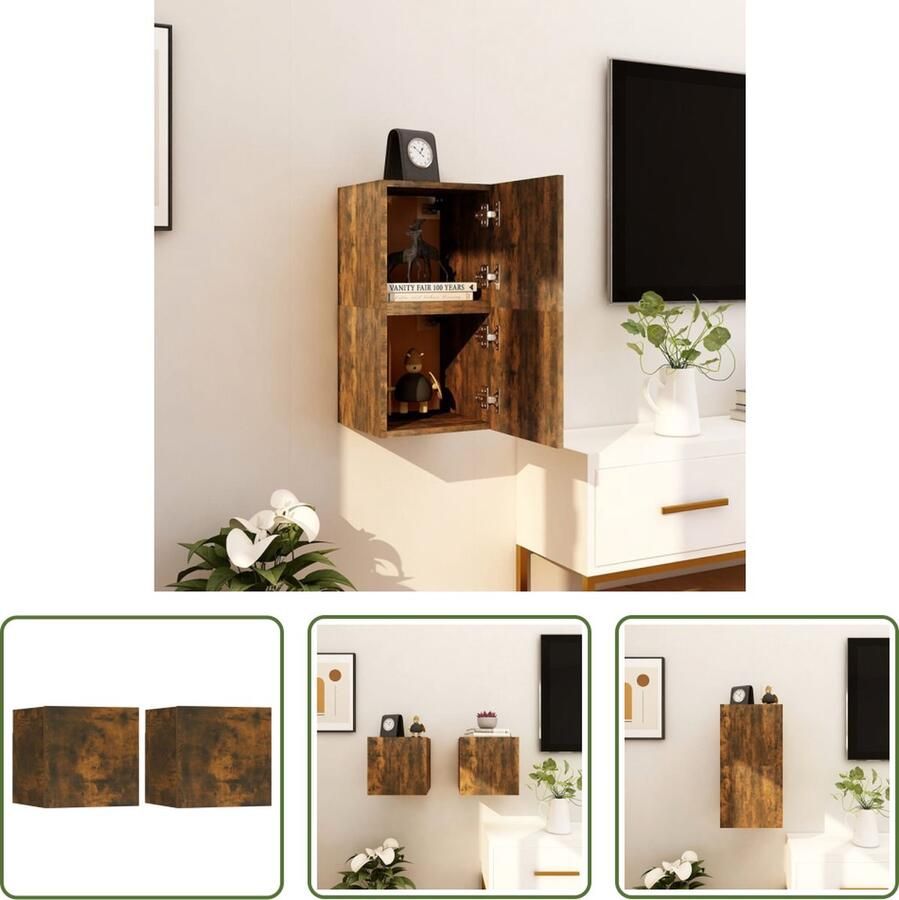 The Living Store Televisiewandmeubelen Hangende tv-kasten Tv-meubel Afmetingen- 30.5 x 30 x 30 cm Kleur- Gerookt eiken Materiaal- Bewerkt hout Montage vereist Levering bevat- 2 x tv-meubel - Foto 2