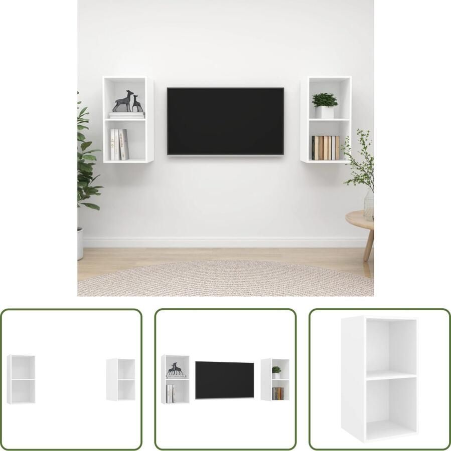 The Living Store Televisiewandmeubelen Set van 2 37 x 37 x 72 cm Wit hout - Foto 2