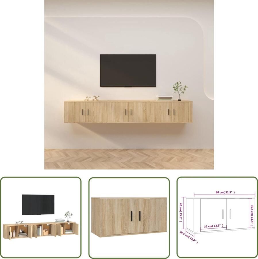 The Living Store Televisiewandmeubelen Sonoma Eiken Set van 3 80 x 34.5 x 40 cm Duurzaam hout - Foto 2
