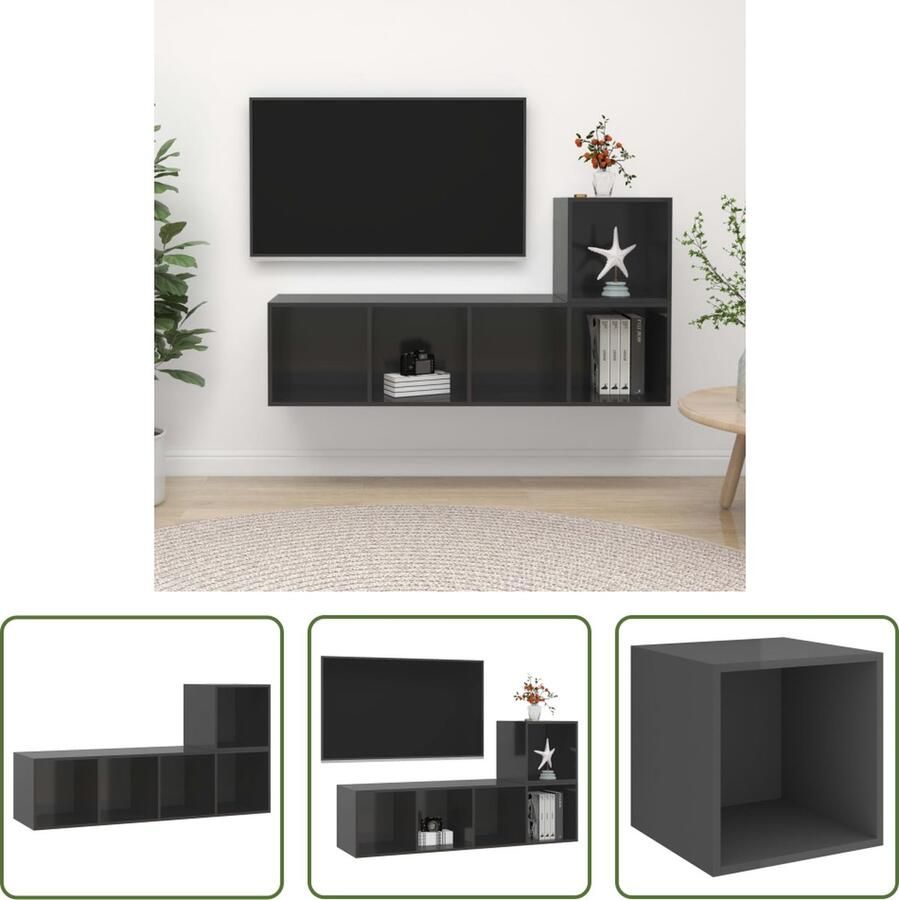 The Living Store Televisiewandmeubelset Hoogglans grijs Spaanplaat Montage vereist - Foto 2
