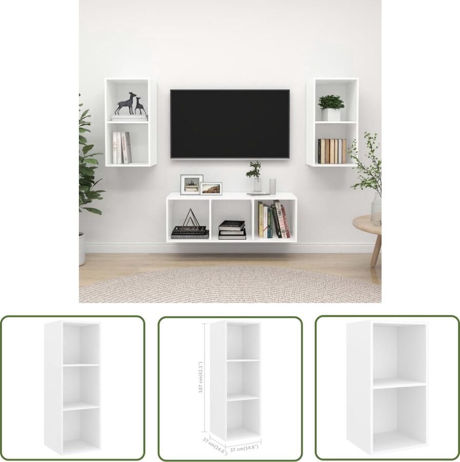 The Living Store Televisiewandmeubelset Wit 2x 37x37x72 cm 1x 37x37x107 cm Spaanplaat - Foto 2