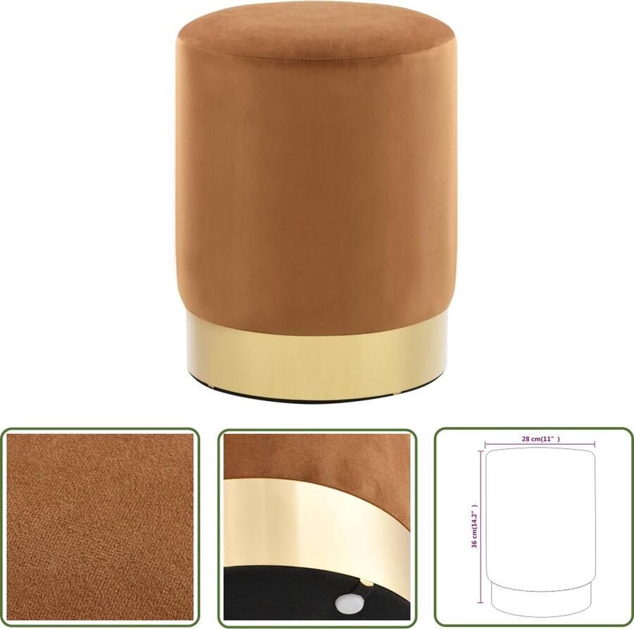 VidaXL Kruk fluweel 28 x 36 cm bruin en goudkleurig Luxe Kruk Tonvormig Krukje Velvet Kruk Bruine Kruk Gouden Kruk
